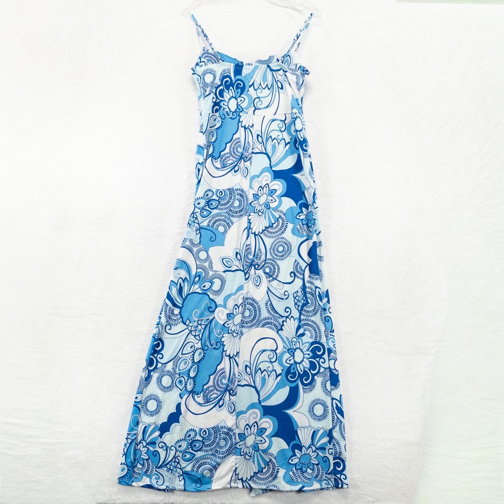 Blashe Womens Maxi Dress Medium Blue Floral Sleeveless High Slit Beachy Summer - Picture 4 of 8
